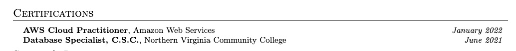 Certifications section of resume, made using LaTeX commands