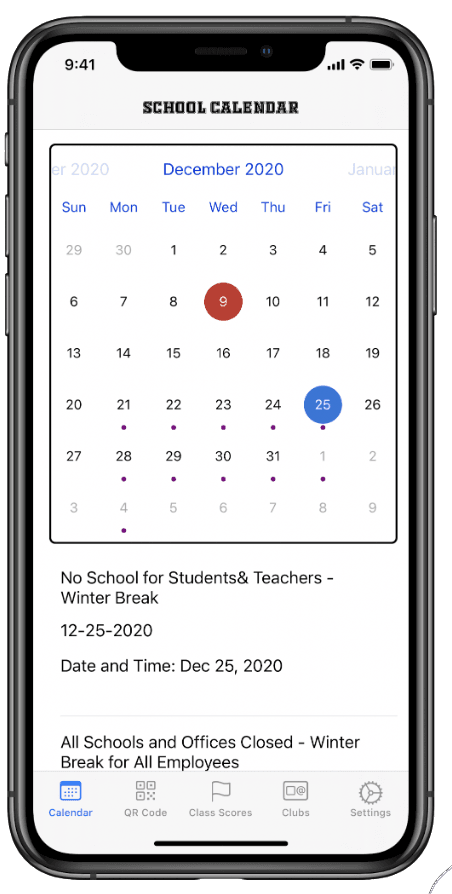 The in-app calendar that pulls from any school's RSS calendar