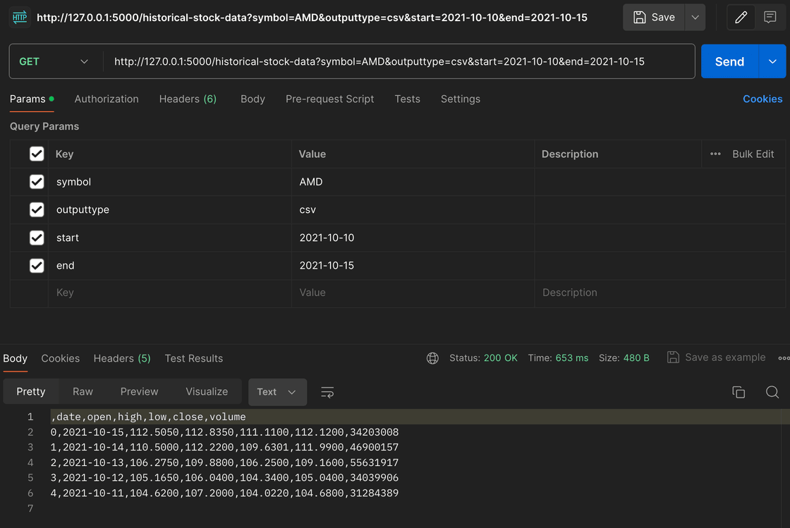 Screenshot of API being ran as local development server and returning dataset