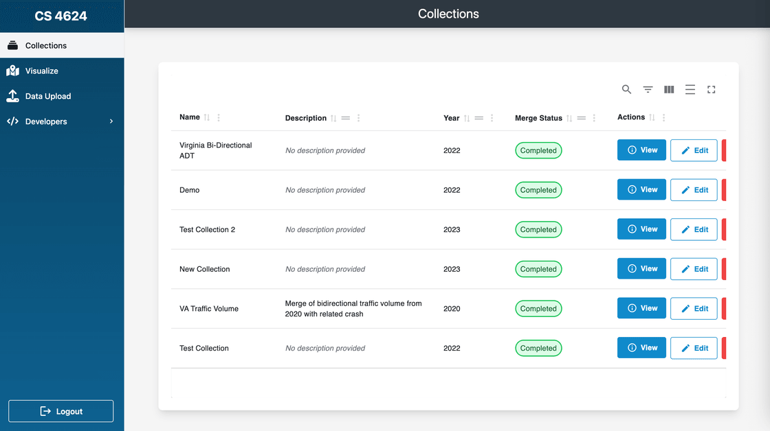 Collections page for viewing all merged datasets