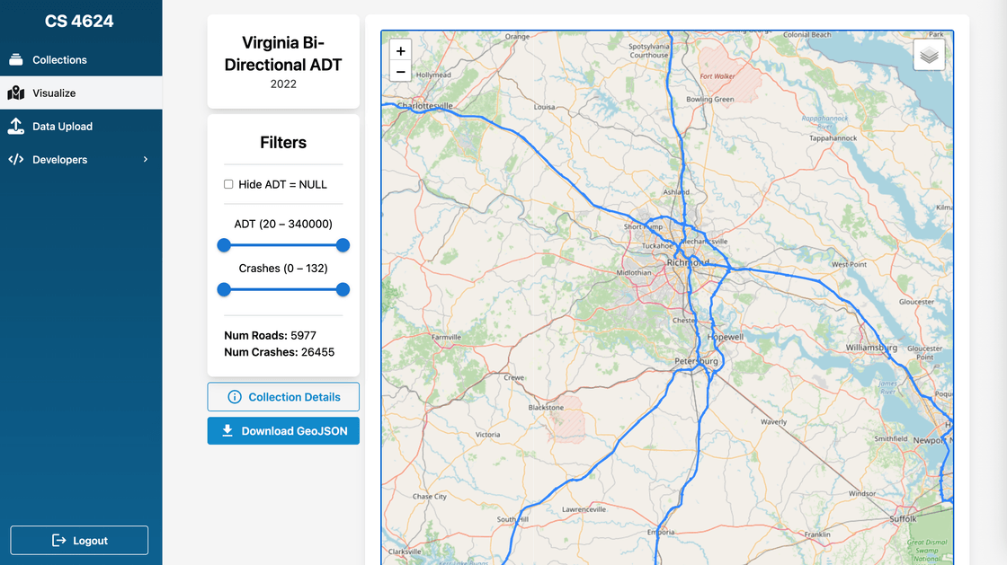 Interactive data visualization for traffic, volume, and crash data